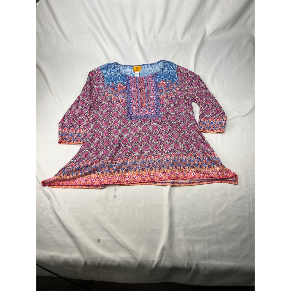 Ruby Rd.‎ Boho Embellished Medallion Pink Blue Rhinestone Knit Tunic Top